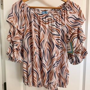 CeCe Off-Shoulder Blouse with Orange and Blue Pattern